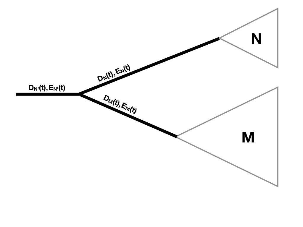 Figure 11.7. Updating D_N(t) and E(t) along a tree branch. Image inspired by Maddison et al. (2007) and created by the author, can be reused under a CC-BY-4.0 license.